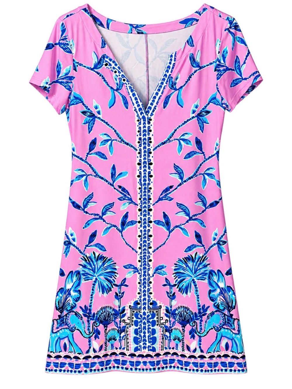 Lilly Pulitzer Pink V-Neck Short Sleeve Tunic with Blue Botanical Print